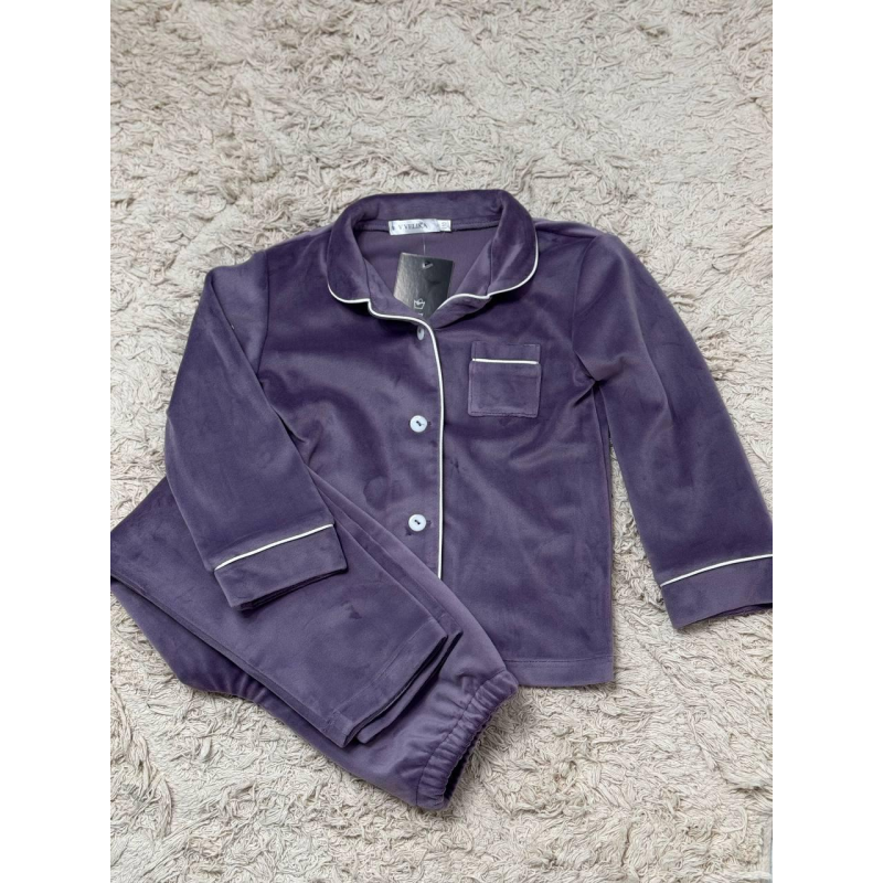 Дитяча велюрова тепла піжама одна кишеня, Ліловий б/к, 146-152