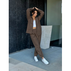 Жіночий спортивний костюм на флісі з кофтою на змійці,  Коричневий, 42/44