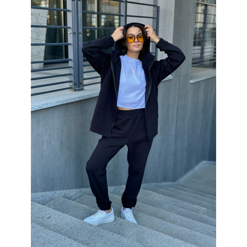 Теплий спортивний костюм жіночий на блискавці,  Чорний, 42/44