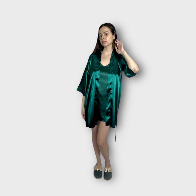 Комплект нічна сорочка з халатом темно-зелений, S