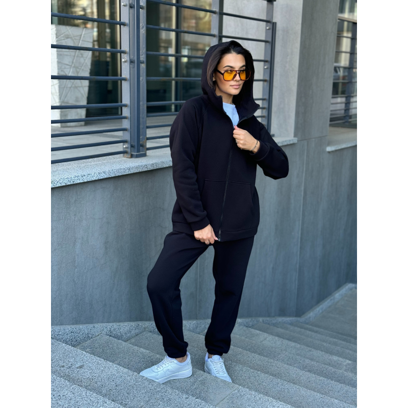 Теплий спортивний костюм жіночий на блискавці, Чорний, 50/52