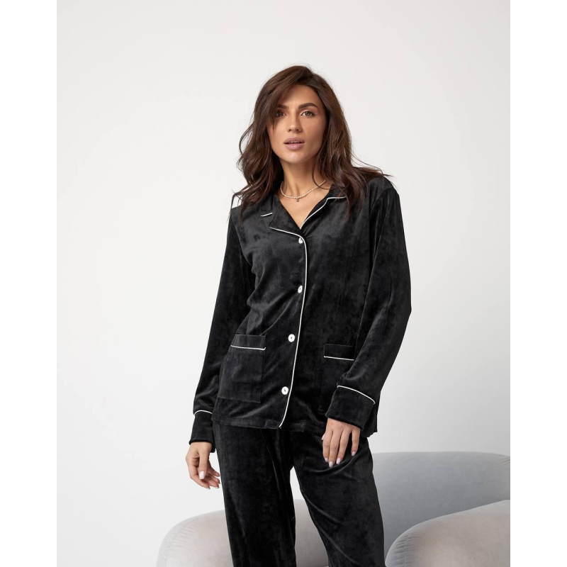 Костюм з плюшевого велюру на ґудзиках із двома кишенями.  Чорний, XS