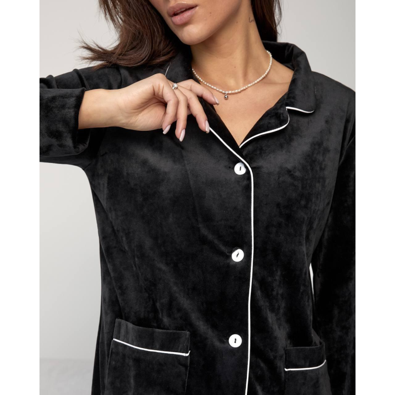 Костюм із плюшевого велюру на ґудзиках із двома кишенями. Чорний, XXL