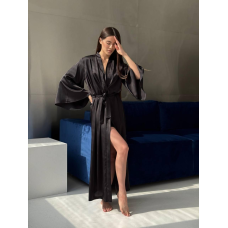 Жіночий довгий шовковий халат, Чорний XS/M