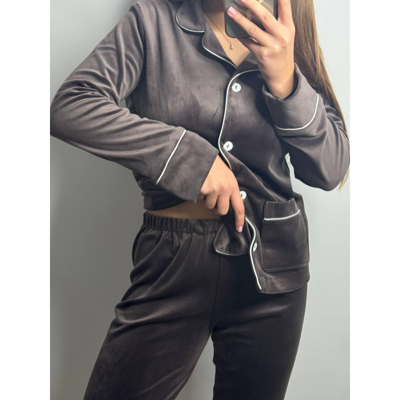 Костюм з плюшевого велюру на ґудзиках із двома кишенями. Шоколад, XL