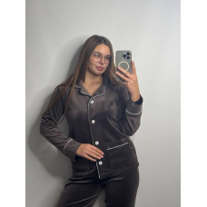 Костюм із плюшевого велюру на ґудзиках із двома кишенями. Шоколад, XXL