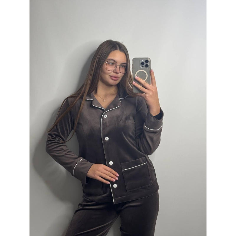 Костюм із плюшевого велюру на ґудзиках із двома кишенями. Шоколад, XXL