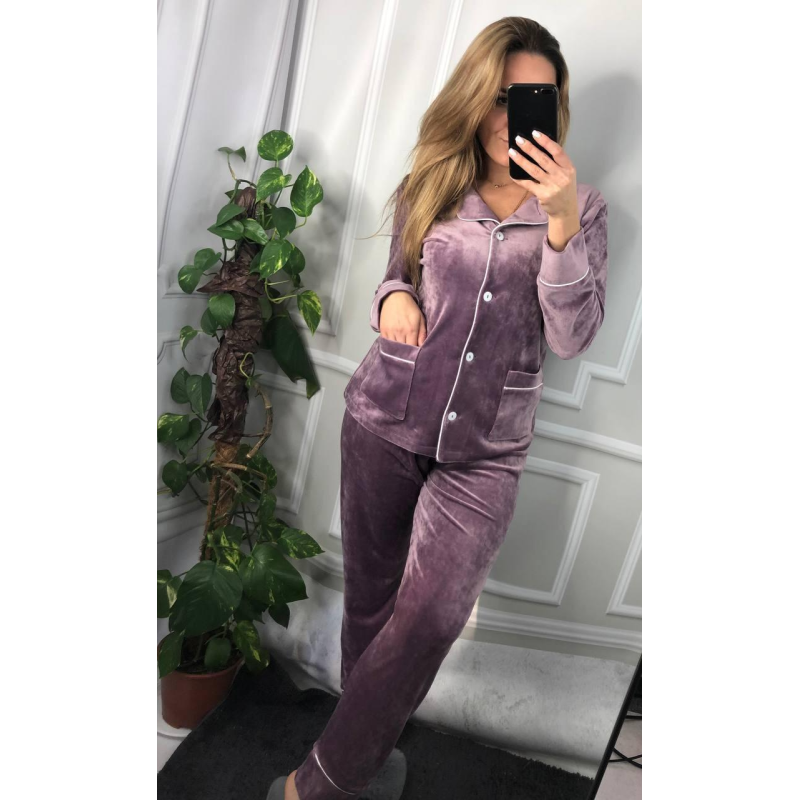 Костюм з плюшевого велюру на ґудзиках із двома кишенями. Ліловий, S Костюм з плюшевого велюру на ґудзиках із двома кишенями. Ліловий, S