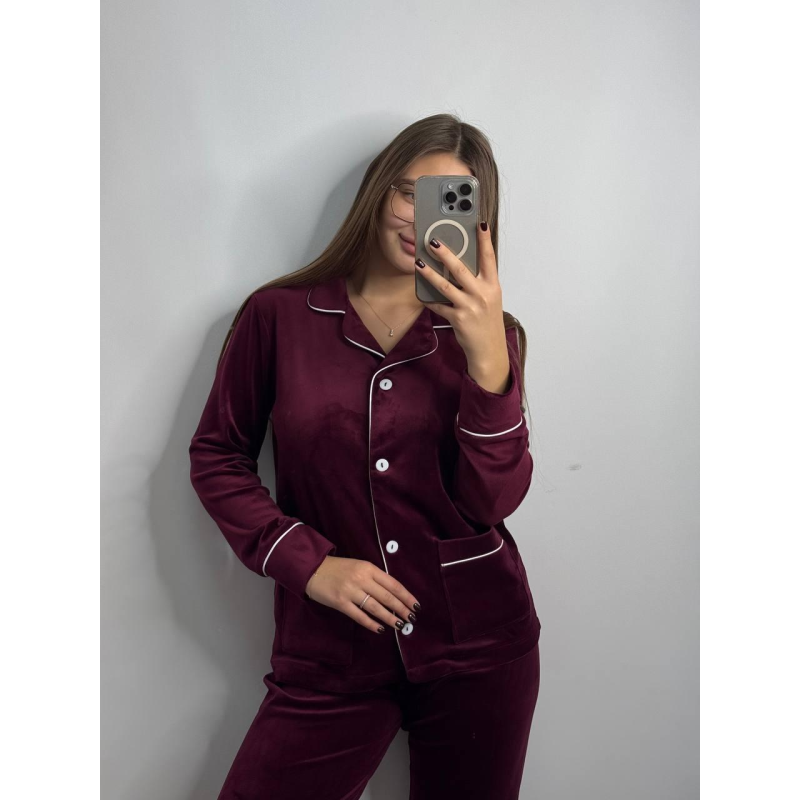Костюм із плюшевого велюру на ґудзиках із двома кишенями. Бордо, S Костюм із плюшевого велюру на ґудзиках із двома кишенями. Бордо, S