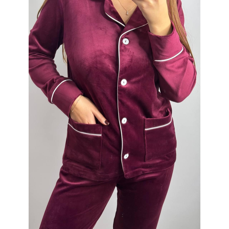 Костюм з плюшевого велюру на ґудзиках із двома кишенями. Бордо, M