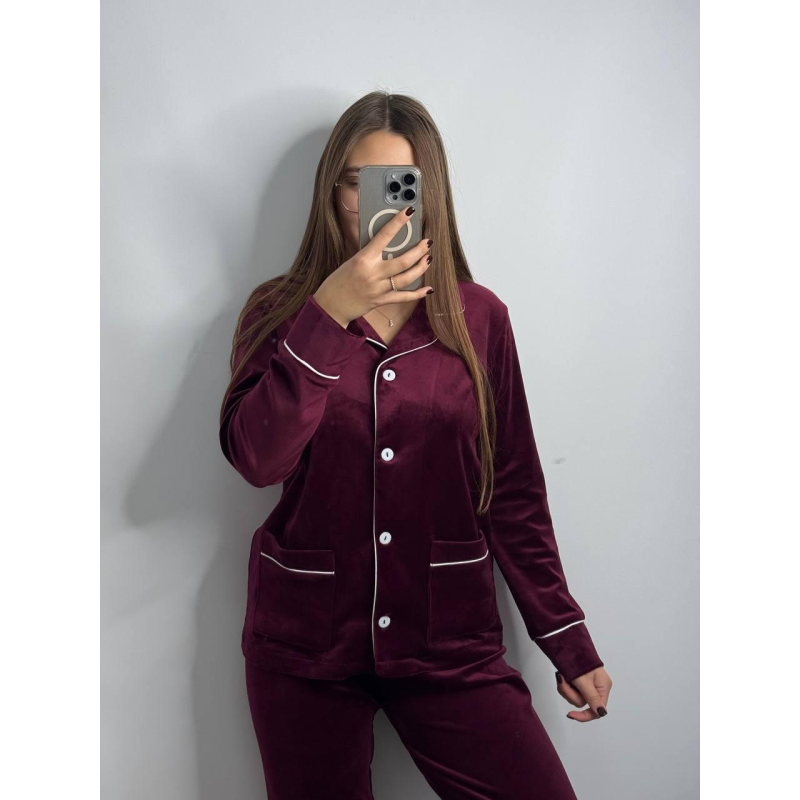 Костюм з плюшевого велюру на ґудзиках із двома кишенями. Бордо, L Костюм з плюшевого велюру на ґудзиках із двома кишенями. Бордо, L