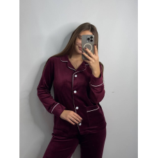 Костюм із плюшевого велюру на ґудзиках із двома кишенями. Бордо, XXL