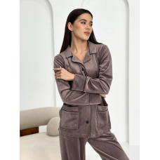 Костюм із плюшевого велюру на ґудзиках із двома кишенями. Коричневий, L