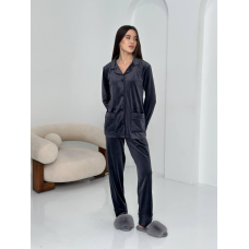 Костюм із плюшевого велюру на ґудзиках із двома кишенями. Графіт, XXL