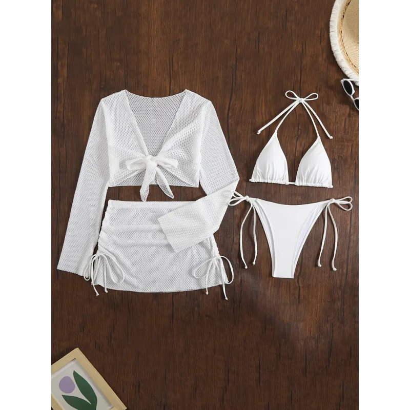 Купальник жіночий роздільний, зі спідницею та накидкою Білий, M