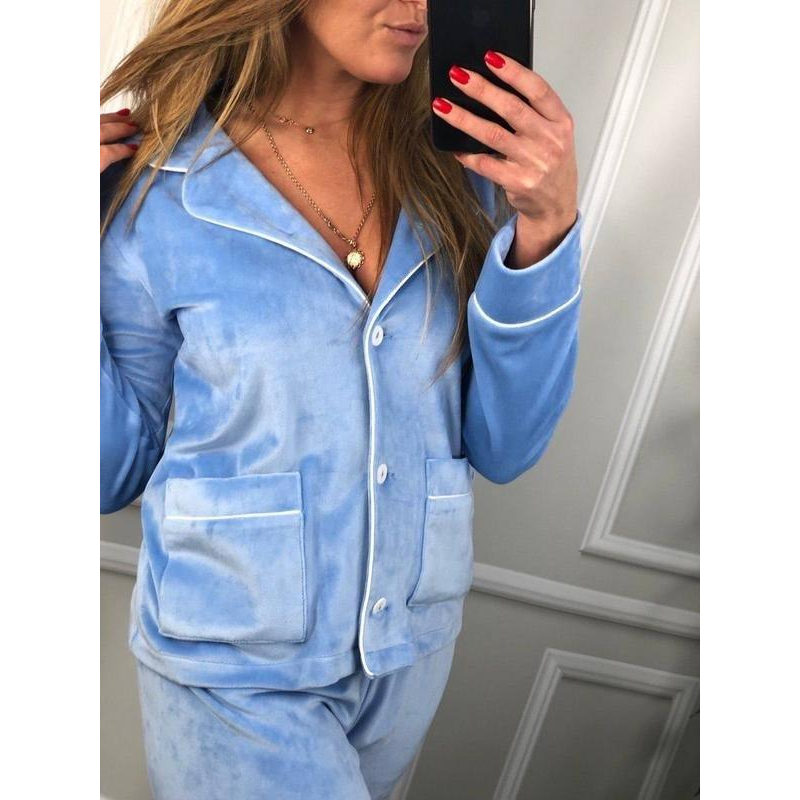 Костюм із плюшевого велюру на ґудзиках із двома кишенями. Блакитний, XXL