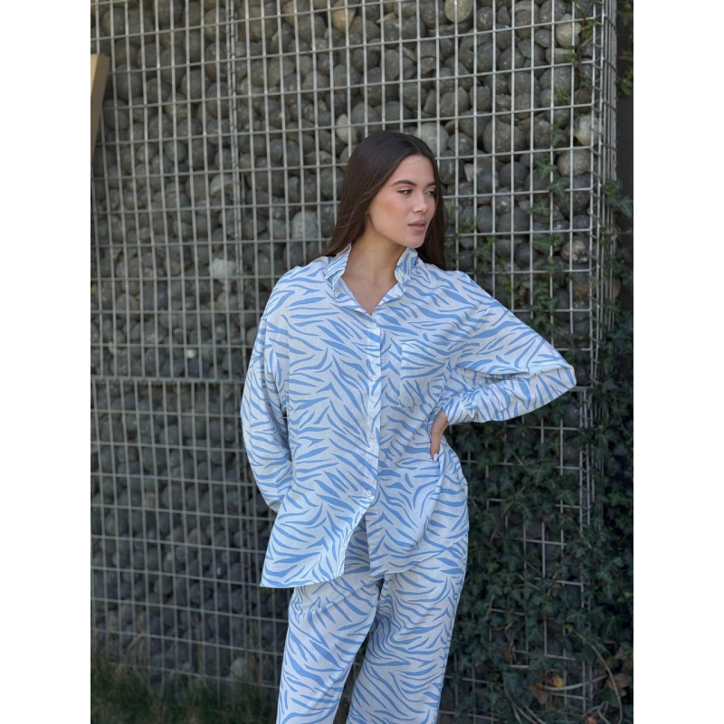 Костюм жіночий літній льон Блакитний, Тварини, XL-XXL