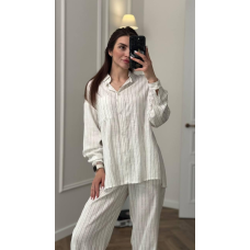 Костюм жіночий літній льон Молочний, Смужка, M-L