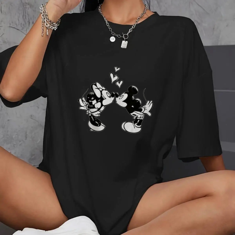 Футболка оверсайз жіноча довга з малюнком Чорний, Мікі + Міні, 46/48