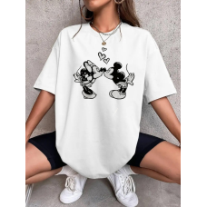 Футболка оверсайз жіноча довга з малюнком Білий, Мікі + Міні, 50/52