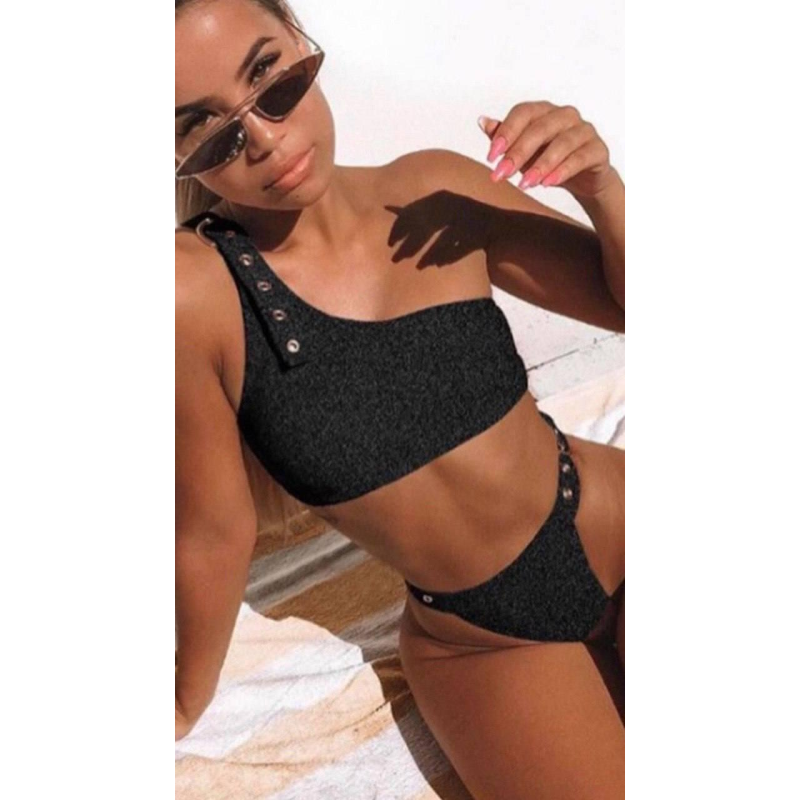 Жіночий роздільний купальник на одне плече Черный, S