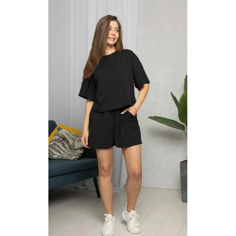 Стильний легкий костюм у рубчик Чорний, 42/44