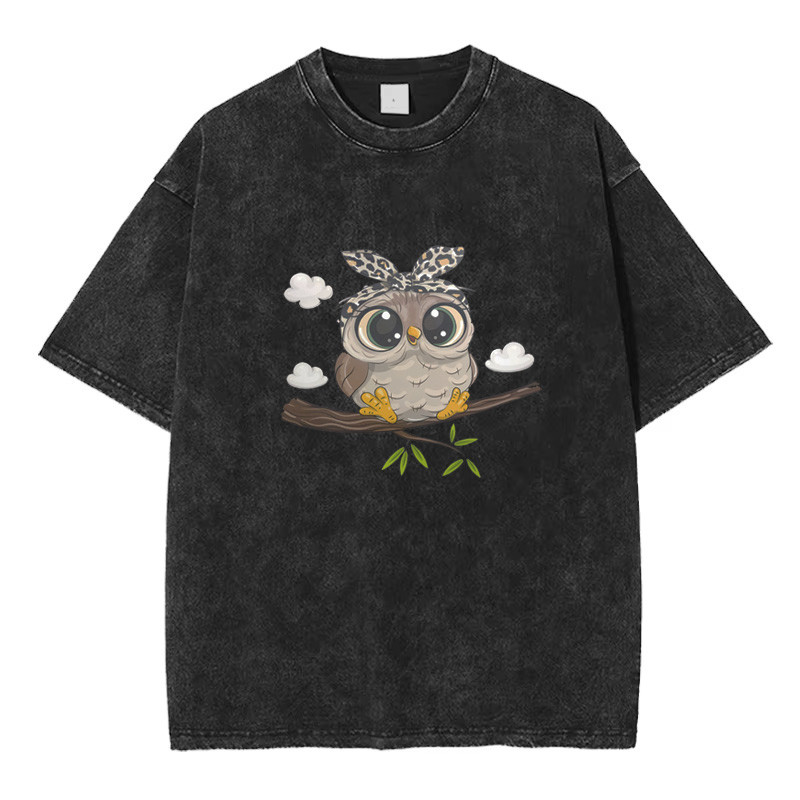 Футболка оверсайз у вінтажному стилі з принтом Сова, Чорний