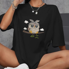 Футболка оверсайз жіноча довга з малюнком, Чорний, Сова, 50/52