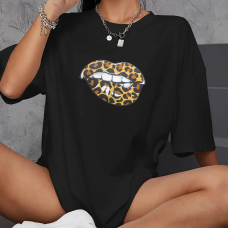 Футболка оверсайз жіноча довга з малюнком, Чорний, Губи, 42/44