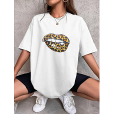 Футболка оверсайз жіноча довга з малюнком, Білий, Губи, 50/52