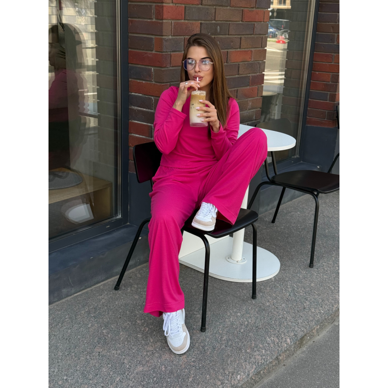 Жіночий костюм у рубчик із широкими штанами Малиновий XS/S