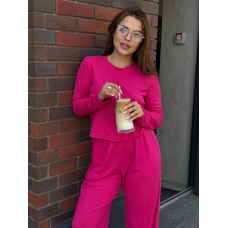 Жіночий костюм у рубчик із широкими штанами Малиновий M/L