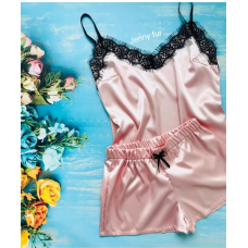 Піжама жіноча атласна з мереживом майка + шорти, пудра S