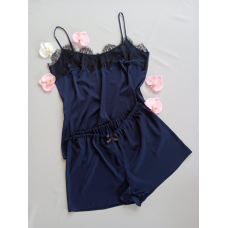 Піжама жіноча атласна з мереживом майка + шорти, темно-синя XL