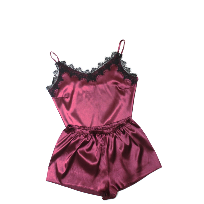 Піжама жіноча атласна з мереживом майка + шорти, бордо XL-2XL