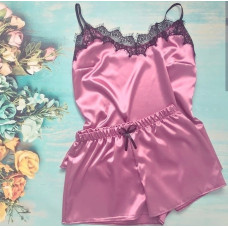 Піжама жіноча атласна з мереживом майка + шорти, рожева (фрез) XL