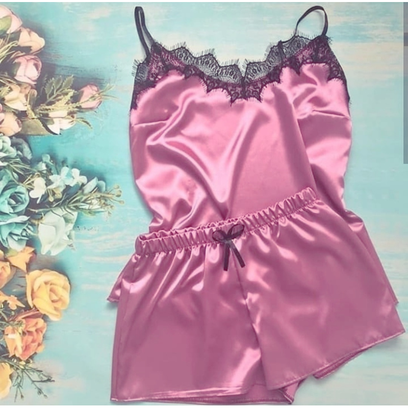 Піжама жіноча атласна з мереживом майка + шорти, рожева (фрез) XL
