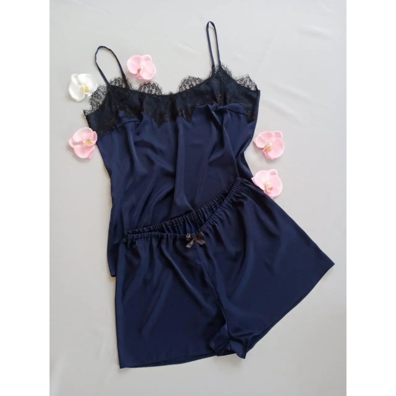 Піжама жіноча атласна з мереживом майка + шорти, темно-синя, 2XL Піжама жіноча атласна з мереживом майка + шорти, темно-синя, 2XL