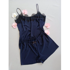 Піжама жіноча атласна з мереживом майка + шорти, темно-синя, 3XL