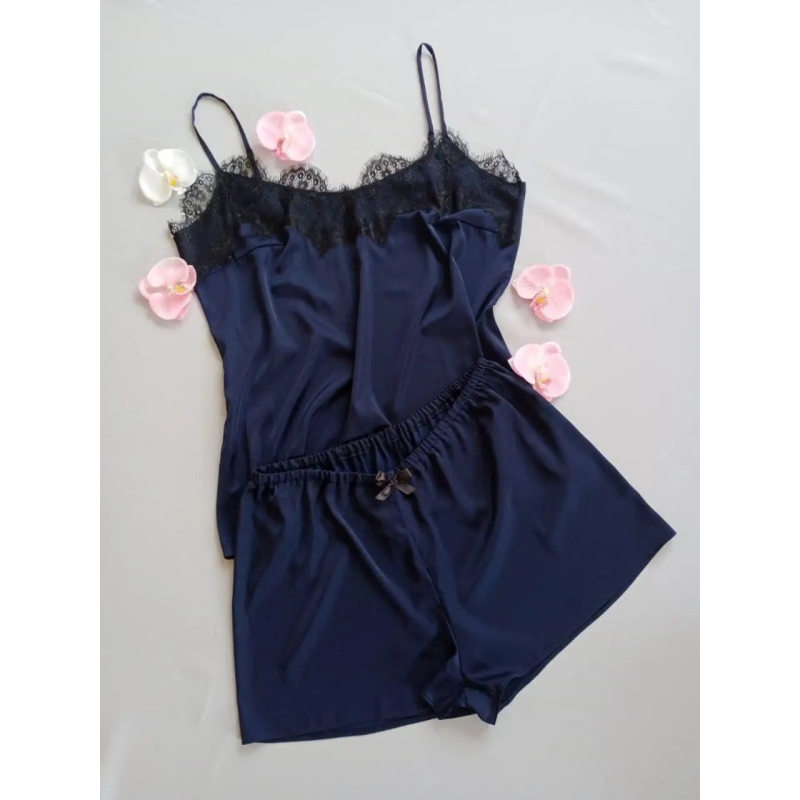 Піжама жіноча атласна з мереживом майка + шорти, темно-синя, 4XL Піжама жіноча атласна з мереживом майка + шорти, темно-синя, 4XL