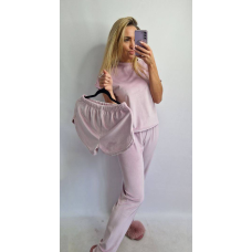 Піжама-комплект (футболка+шорти+штани) з плюшевого велюру, Пудра, L
