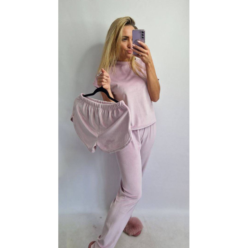 Піжама-комплект (футболка+шорти+штани) з плюшевого велюру, Пудра, XL