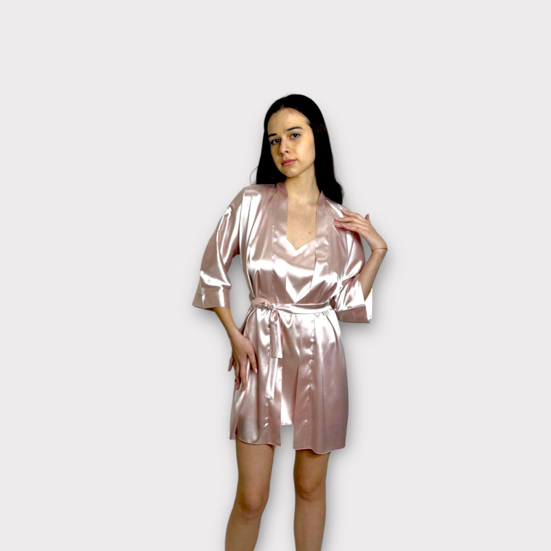 Жіноча атласна нічна сорочка з халатом пудра 2XL