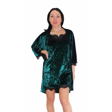 Жіноча нічна сорочка з халатиком із мармурового велюру. Зелений, M
