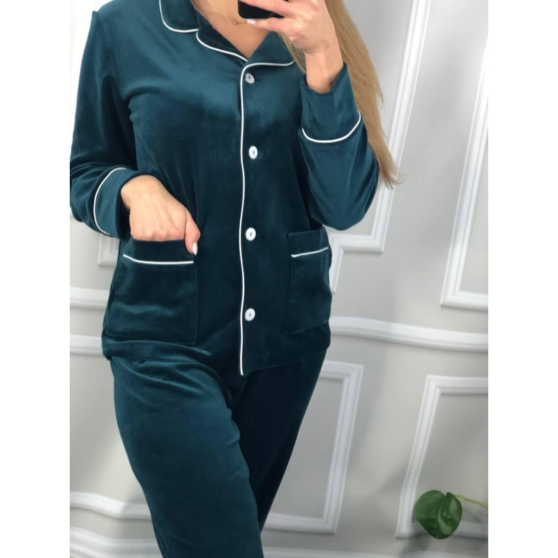 Костюм з плюшевого велюру на ґудзиках із двома кишенями. Смарагдовий, L