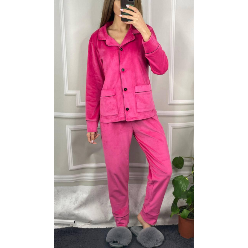 Костюм з плюшевого велюру на ґудзиках із двома кишенями. Малиновий, XS