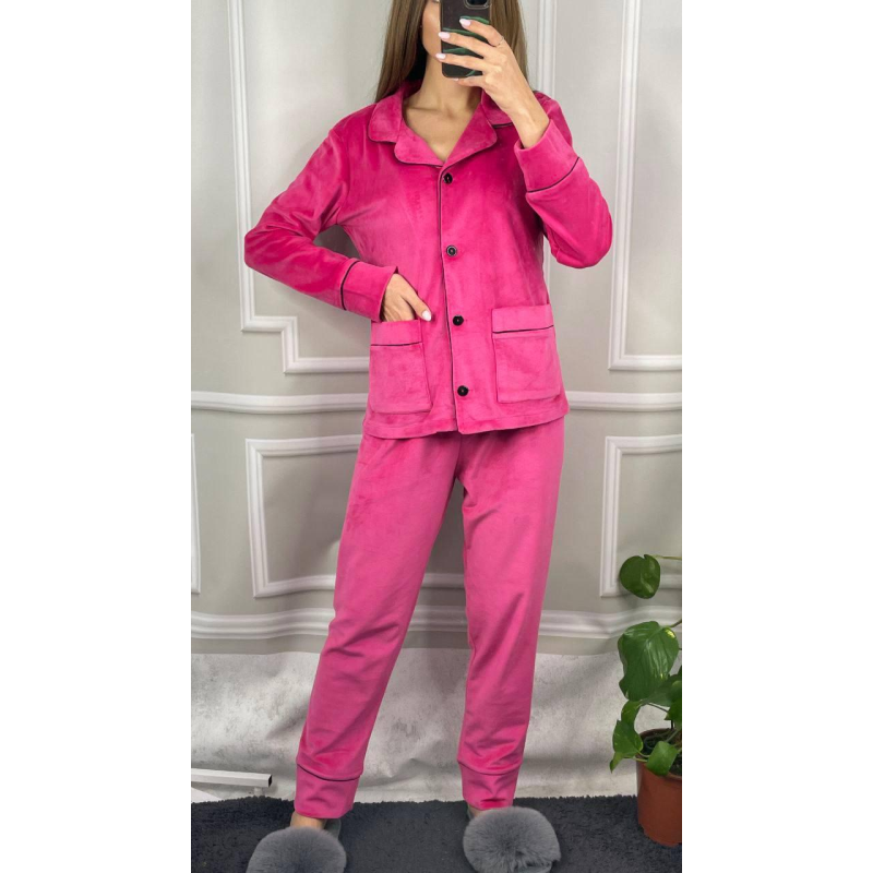 Костюм з плюшевого велюру на ґудзиках із двома кишенями.  Малиновий, XL