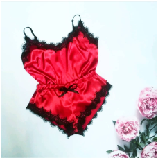 Піжама жіноча атласна червона з мереживом, червона, XL