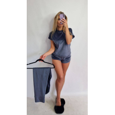 Піжама-комплект (футболка+шорти+штани) з плюшевого велюру, M, Графіт