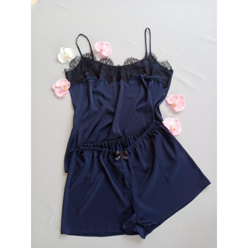 Піжама жіноча шовкова з мереживом, темно-синій, XS